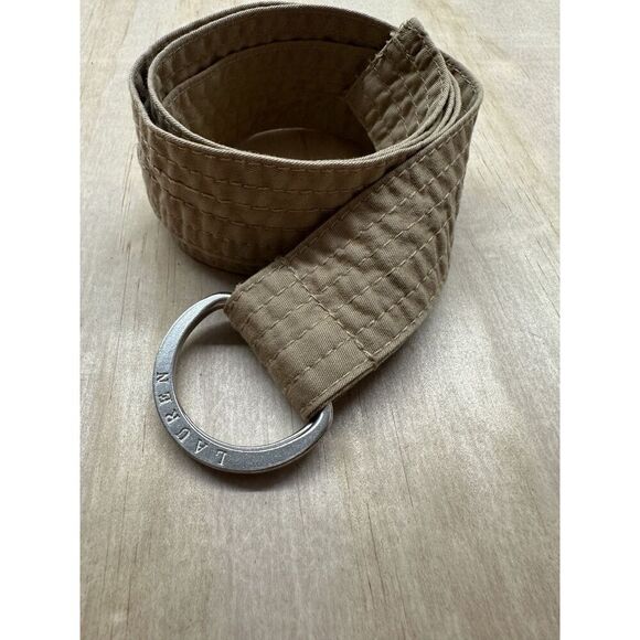 Lauren Double Silver Buckle  Tan Fabric Belt 39 - Picture 1 of 3